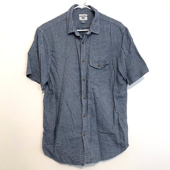 OLD NAVY Mens Blue White Chambray Stripe Short Sleeve Button Down Shirt SLIM FIT - Picture 2 of 11